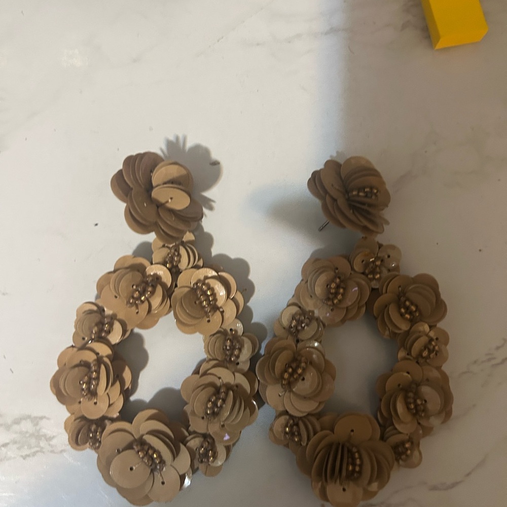 J Crew Floral Teardrop Leather Back Statement Earrings in Beige